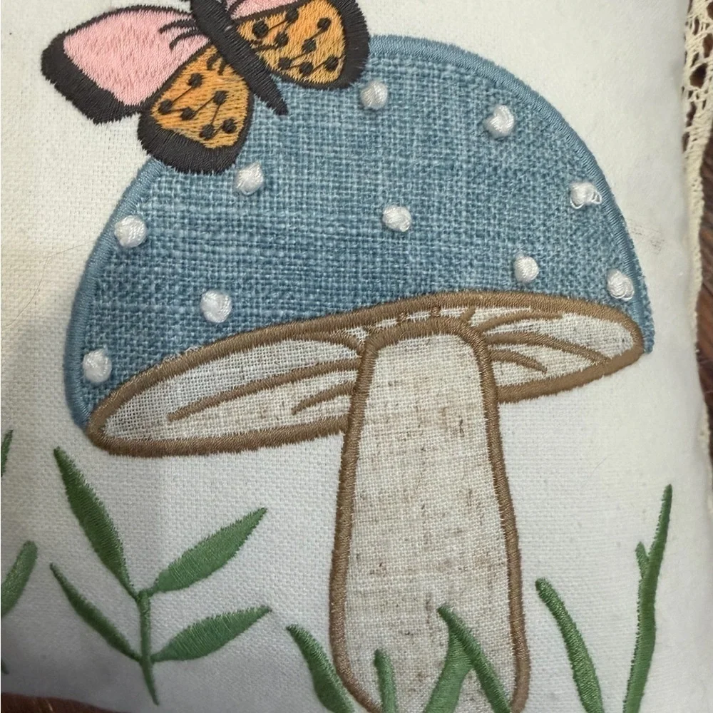 Stupell Industries Groovy Mushrooms Butterfly Lumbar Pillow W/ Crochet Lace EUC